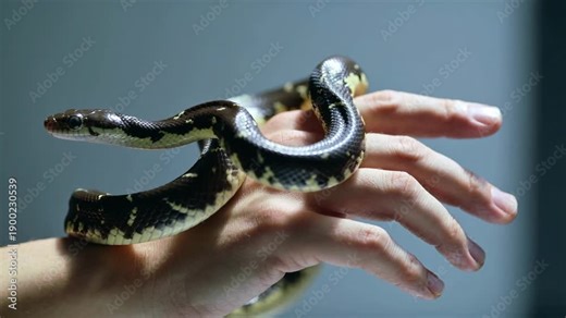 Close-up video of a snake slowly crawling on a human hand under soft studio lighting on a clean background. Detailed reptile skin texture and calm movement create a natural wildlife and exotic pet