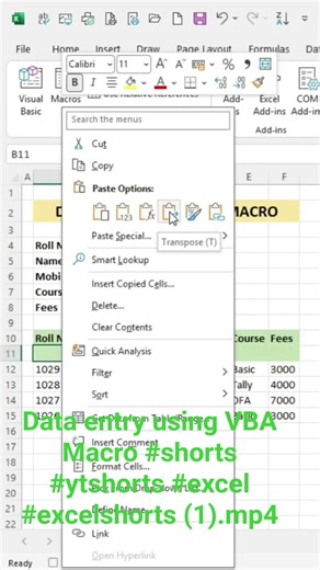 Data entry using VBA Macro #ytshorts #excel #excelshorts