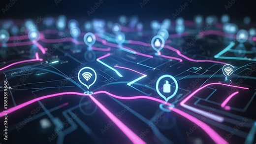 Abstract digital map with glowing lines and location pins representing network connectivity and data routes.