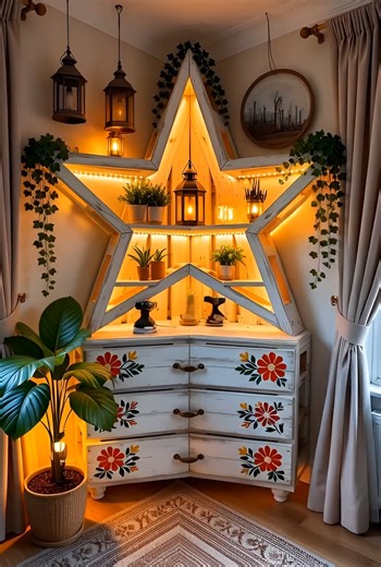 Pallet Star Shaped Wall Corner Shelving with Cabinet #pallets #palette #furniture #furnituredesign #home #HomeImprovement #homedecor #homemade #house #DIY #diyprojects #house | Wooden Pallet Ideas