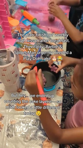 Sometimes, play has other lessons to teach. 💕 I had a goal to wrap up math after breakfast, but today Barbie & Spider-Man had other plans. Here’s to giving ourselves (and our kids) grace when the day doesn’t go as planned. ✨ P.S. Math got done, it just looked different. #homeschoolingpreschool #homeschoolingkindergarten | Ma Maven