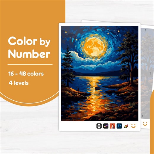 Full Moon Over Water - Color by Number - Digital & Printable - 4 Levels - Etsy