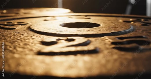 Close-up of a metallic surface with engraved numbers and circular patterns.