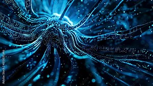 Computer virus with numerous tentacles, proliferating through digital code in icy blue hues, evoking a sense of ominous expansion and technological peril.