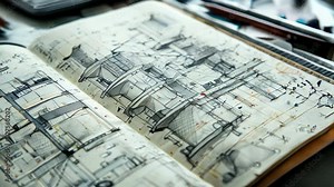 Open sketchbook with detailed architectural drawings and plans for buildings