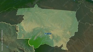 Mato Grosso - state of Brazil with its capital zoomed on the physical map of the globe. Animation 3D