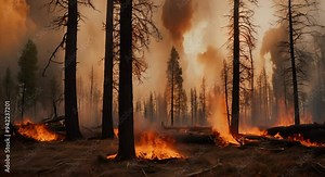 Forest fire Burned trees after forest fires and lots of smoke 4k animation