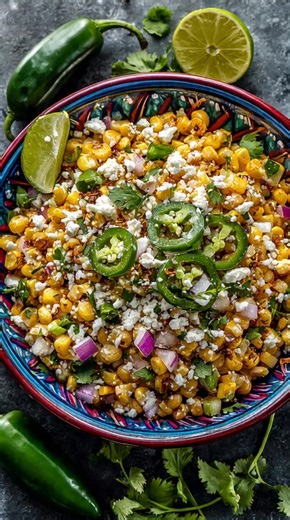 Mexican Corn Salad (Esquites) in a bowl! This isn't your average corn salad. We sauté fresh corn in garlic butter until golden brown, then toss it in a creamy, tangy lime-parmesan dressing with red onion, jalapeños, and fresh cilantro. It’s sweet, savory, creamy, and totally addictive. Perfect for taco nights, BBQs, or just eating straight from the bowl with a spoon (we won't judge!). Have you tried this Mexican street food classic yet? #MexicanStreetCorn #Esquites #SummerSalad #TacoTuesday #Eas