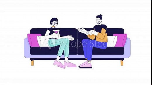 Emotional couple arguing on sofa line cartoon animation. Relationship problems 4K video motion graphic. Man and woman talking aggressively 2D linear animated characters isolated on white background