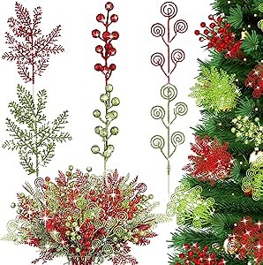 48 Pcs 12 Inch Christmas Tree Picks Christmas Red Green Artificial Curly Berry Stems Ornaments Glitter Artificial Berry Stems Branches Decorative Sticks for Xmas Tree Topper Wreath Craft Vase Filler