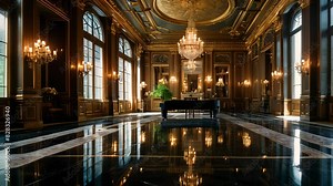 Video animation of opulent interior space, likely a grand hallway or lobby within a luxurious building. The glossy floor reflects the surroundings, creating a sense of depth