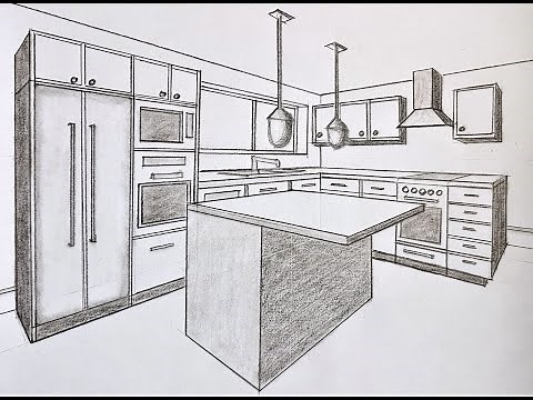 How to draw a kitchen room in 2 point perspective