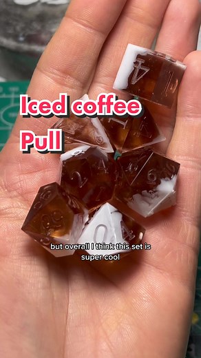 I have a few ideas of different tricks to try with the next attempt, but so far, I’m really pleased with these. And yes, they are balanced. #Dnd #dice #ttrpg #resinart #handmadedice #icedcoffee #coffee