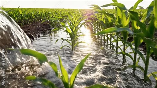 Irrigation water flows from a pipe into a furrow to nourish young bright green corn stalks growing in a vast agricultural field