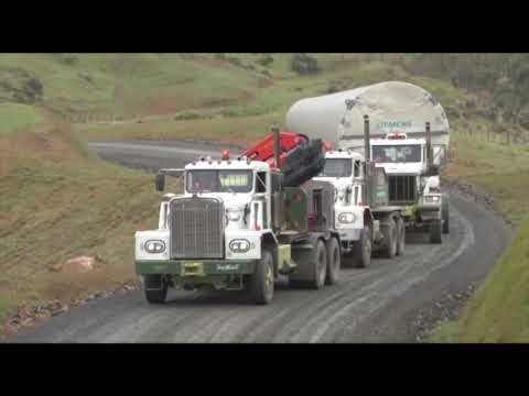 Off-highway and on-highway Kenworths, Macks and Scania building a wind-farm in New Zealand.