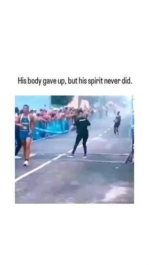 T K 🧿 on Instagram: "This instagram reel shares a 20-second video of an exhausted male runner collapsing and crawling across a "CHEGADA" (Portuguese for finish line) at what appears to be a marathon event, aided by volunteers amid cheering crowds and pyrotechnics. Caption "His body gave up, but his spirit never did" captures the inspirational theme of mental fortitude over physical limits, driving 5,500+ likes and 327,000 views within 24 hours. Replies, predominantly in Indonesian, blend empath