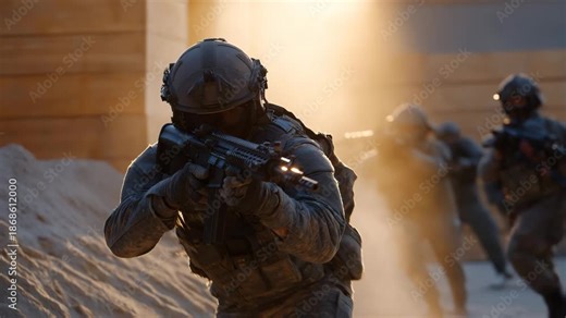 A special operations unit practicing coordinated room-entry movements in a training facility with foam walls and digital sensors — tactical teamwork, advanced movement training, and