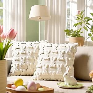 Easter Pillow Covers 18x18, 2Pcs Soft Beige Bunny Pillow Covers with Hidden Zipper, Easter Home Decorations Cute Spring Home Decors for Sofa Bedroom