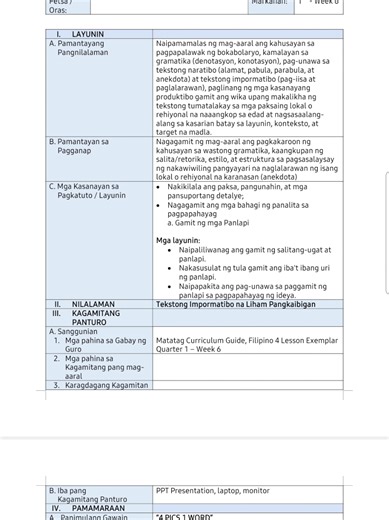 𝙁𝙞𝙡𝙞𝙥𝙞𝙣𝙤 4 | 𝙌𝙪𝙖𝙧𝙩𝙚𝙧 1 - 𝙒𝙚𝙚𝙠 6 - 𝘿𝙖𝙮 1 𝙏𝙤𝙥𝙞𝙘: Tekstong Impormatibo na Liham Pangkaibigan 𝙇𝙚𝙖𝙧𝙣𝙞𝙣𝙜 𝘾𝙤𝙢𝙥𝙚𝙩𝙚𝙣𝙘𝙮: • Nagagamit ang mga bahagi ng panalita sa pagpapahayag a. Gamit ng mga Panlapi b. Pangatnig • Nakabubuo ng teksto batay sa iba’t ibang layon ng akademiya at transaksiyonal na teksto (liham pangkaibigan (paanyaya)) 𝙒𝙝𝙖𝙩'𝙨 𝙄𝙣𝙨𝙞𝙙𝙚: ■ Daily Lesson Plan (4A's) ■ Good for Demo, Ranking and CO ■ Matatag Curriculum