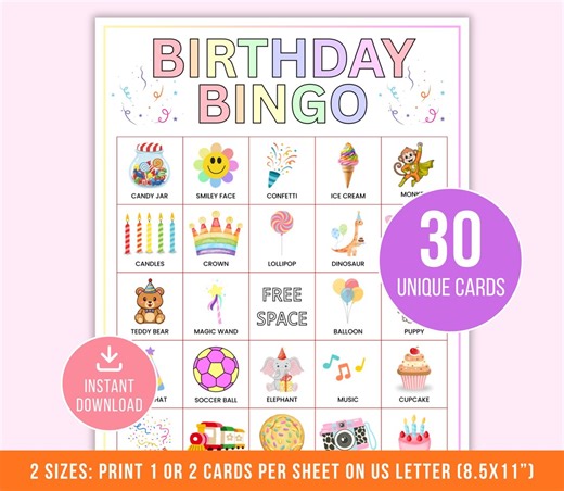 Birthday Bingo, 30 Birthday Bingo Cards, Kids Birthday Party Games, Happy Birthday Bingo Game, Printable Birthday Activity, Instant Download - Etsy