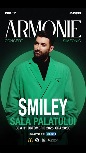 4.8K views | Pe 30 si 31 octombrie, la Sala Palatului, vreau să fim împreună în ARMONIE —un concert orchestral cu emoție și profunzime, doua seri cu suflet, cu cântece care ne-au legat și altele care abia așteaptă să o facă. Hai să o trăim împreună. ❤️ Bilete disponibile aici | Smiley | Facebook