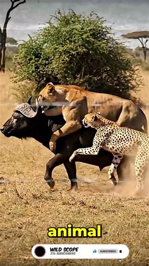 Simultaneous Strike | Lioness & Cheetah | Buffalo Clash 🐃🦁🐆 #Shorts #Wildlife #Safari #AfricanSafari