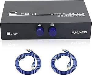 QIANRENON Printer Sharing Adapter, 2-Port USB 2.0 Switch for Sharing USB Devices Between 2 Computers, Includes 2 Pack USB 2.0 Male Cable