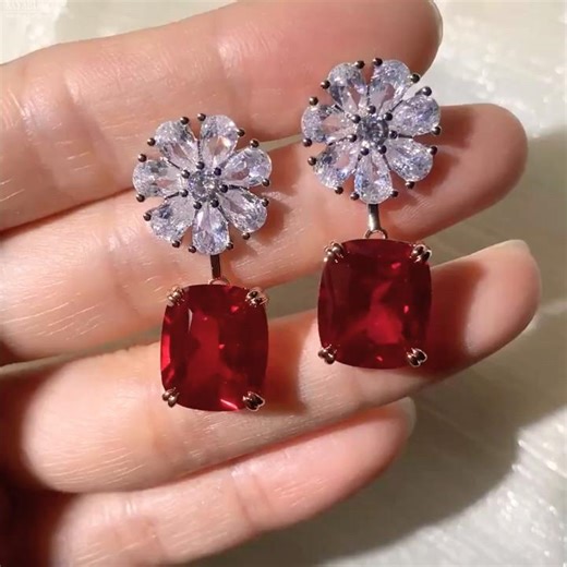 Sayabling 7.5ct Cushion Cut Ruby Drop Earrings for Women