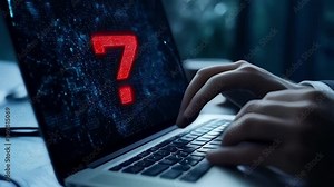 Businessman using laptop computer with alerts, warning triangles showing system errors. Concept of system maintenance, security, virus protection and hacking prevention accessing important information