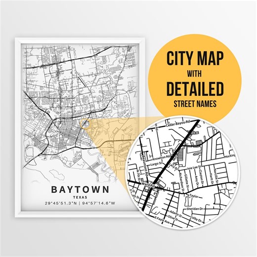 Printable Map of Baytown, Texas, USA With Street Names - Instant Download \ City Map \ Travel Gift \ City Poster \ Road Map Print \ Map Art - Etsy