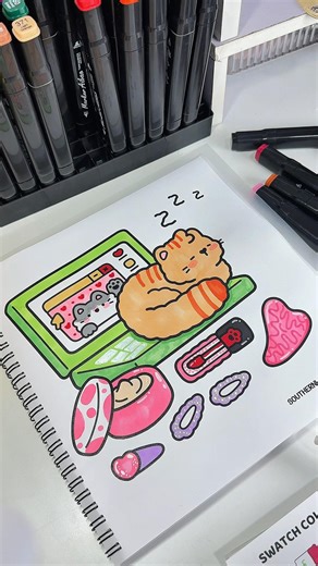 Coloring the cutest sleepy cat & makeup 🐱💻 #shorts #asmr