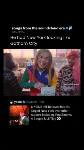 The SoundCloud Era on Instagram: "6ix9ine reiterates his claim as King of New York Rap while on stream. The 29-year-old rainbow haired rapper argues his commercial hits like ‘Fefe’ and ‘Gummo’ put him atop New York’s male rap scene, above names like Lil Tjay, A Boogie wit da Hoodie, and Pop Smoke — while grouping Ice Spice, Cardi B, and Nicki Minaj as contemporaries. “None of those guys compared to my numbers EVER” -69 via stream"