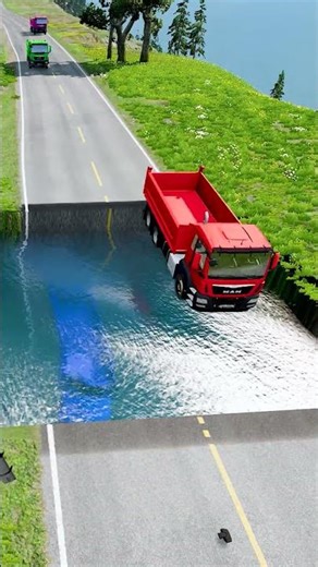 Dump truck crossing large water pit #14 | #beamngdrivemods #doublespeedbumps #carsvswaterpit