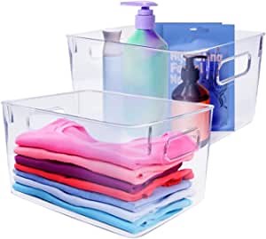 Clear Plastic Storage Bins, 4 Pack Pantry Organization and Storage Snack Bins with Handle for Fridge, Cabinet, Cupboard, Freezer, BPA-Free Plastic Containers Bin