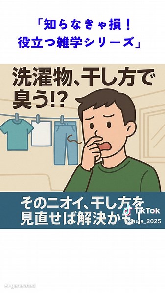 洗濯物、干し方で臭う⁉ 部屋干し対策3選 🎬 知らなきゃ損！役立つ雑学シリーズ 第194弾 部屋干ししてると、洗濯物から変なニオイが… それ、干し方や湿気対策が原因かもしれません！ 今回は、部屋干し臭を防ぐためのテクニックを3つご紹介！ – – – – – – – – – – – – – – – 📌 サブテーマ：風通し・除湿・洗い方の見直しで臭いゼロへ 🎙 ナレーション：VOICEVOX 青山龍星 📺 チャンネル登録はこちら▼ https://www.youtube.com/@OUIE_2025 https://www.tiktok.com/@ouie_2025 – – – – – – – – – – – – – – – #部屋干し臭 #洗濯物の干し方 #生乾き対策 #除湿アイテム #洗濯テク #暮らしの知恵 #洗濯物の悩み #臭い対策
