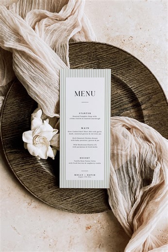 Green Wedding Menu: Editable Minimal Striped Dinner Menu Card (canva Template) - Etsy