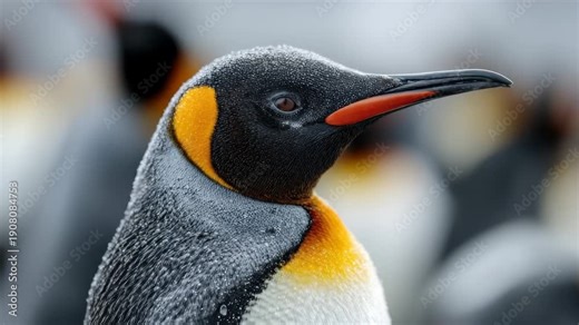 Close-up view of a king penguin with bold markings and a snowy background in an Antarctic setting during winter