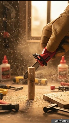 Mini Chainsaw Cutting Wooden Dowel in Workshop