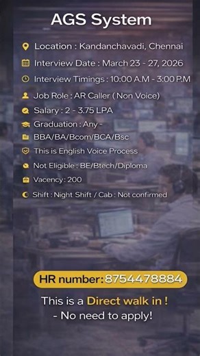 Hiring 200 Freshers NOW! | AGS System Chennai Walk-In #bpohiring#chennaisuperking #engineeringjobs