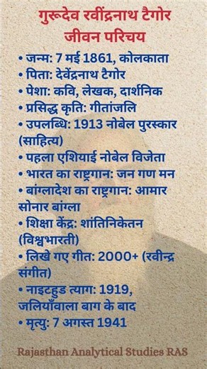 Gurudev Rabindranath Tegore | Indian GK | UPSC | SSC | RPSC | RSSB #gk #reet2025 #rssb #rpsc #ssc