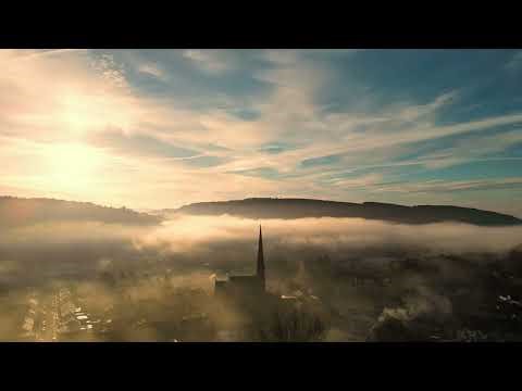 Pontardawe in the Swansea Valley, South Wales. Drone flight on a foggy morning.