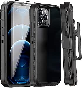 Case for iPhone 12 Pro Max Case 6.7" Belt-Clip Kickstand Holster with 2 Screen Protector,Full Body Rugged Heavy Duty Military Grade Shockproof/Drop Protection Cover (Black+Clip)