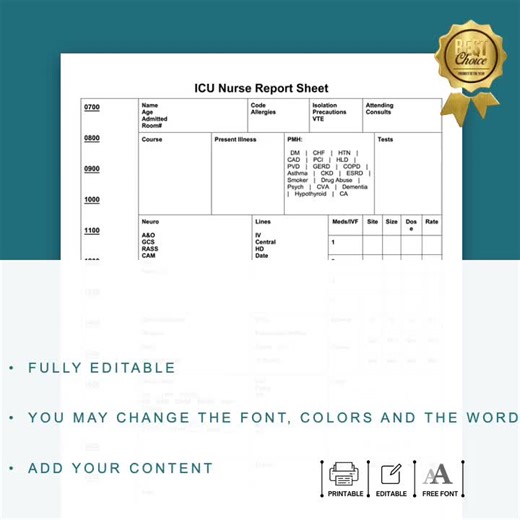 Printable ICU Nurse Report Sheet Template for Shift Handoff, Editable ICU Nurse Shift Report Template, ICU Patient Report Sheet for Nurses - Etsy