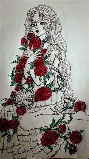 رسم لبنت تحمل زهور A drawing of a girl holding red flowers 🌹❤