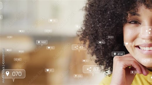 Social media creator supporting chin while likes rising, animated badges floating overlapping chin