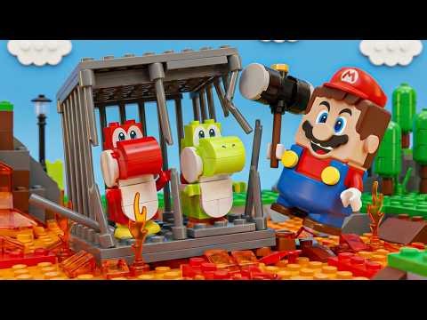 Lego Red & Green Yoshi Trapped in Lava...Mario Rushes In to Save Them! 🌋🦖 #legomario