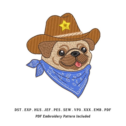 Pug Cowboy Embroidery Design | Cute Pug With Western Hat Illustration | Rustic Dog Outline Stitch File | Digital Machine Embroidery - Etsy