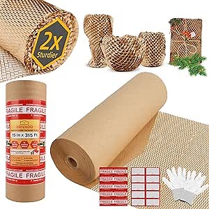 Honeycomb Packing Paper 15"x315' Roll with Fragile & Labeling Stickers, Gloves - Bubble Wrap for Moving,Products & Gifts Wrapping Paper, Recyclable & Biodegradable Cushioning Packing Material.