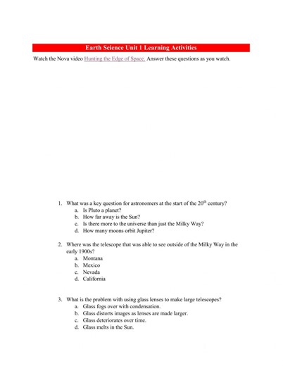 Earth Science Unit 1: Hunting the Edge of Space Video worksheet