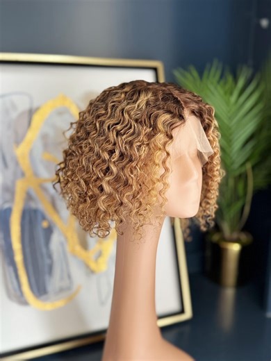 Blonde Highlight Curly Bob Wig: 8 Inch Lace Front Human Hair - Etsy